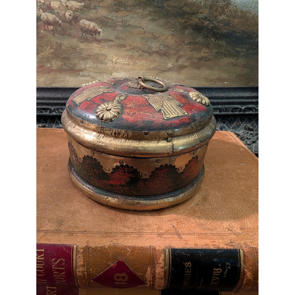 Vintage Tibetan Style Hand Painted Wood Brass Trinket Box Red Gold 4x3 Round
